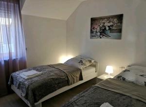 a bedroom with two beds and a window at Modern Wohnen I Parkplatz I Wlan I Netflix I Balkon I 6 Schlafplätze in Bad Oeynhausen