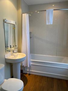 a bathroom with a shower, toilet, sink and tub at The Globe Inn in Aberdeen