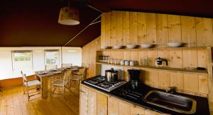 a kitchen with wooden walls and a stove top oven at Drago Tours LODGE TENT Holiday Deluxe, Lanterna in Poreč