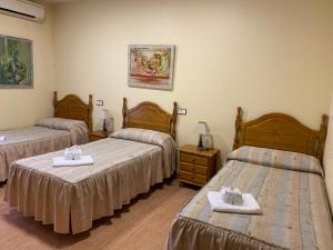 um quarto de hotel com duas camas com toalhas em Hostal Internacional em Madri