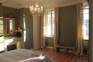 a bedroom with a bed and a chandelier at B&B Coup de Coeur in Bram +31 photos