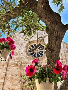 a building with a clock tower with flowers in pots at Mansarda romantica "Il nido delle rondini" in Conversano
