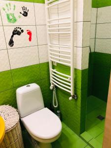 a green bathroom with a toilet and a shower at Karlsons apartment in Liepāja +13 photos