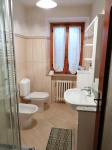 uma casa de banho com um WC, um lavatório e um chuveiro em Il Puntone em Fiumalbo