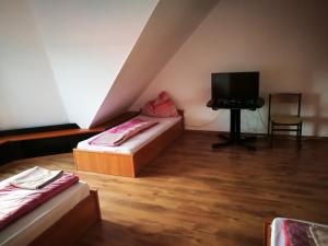 een kamer met 2 bedden en een flatscreen-tv bij Peregrino Panzió in Budaörs