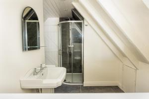 W łazience znajduje się umywalka i prysznic. w obiekcie Fern Cottage w mieście Killinaboy