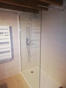 a shower with a glass door in a bathroom at Belle villa classée 4 étoiles proche plage avec jardin in Saint Cyprien Plage