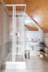 a bathroom with a shower and a tub and a sink at Apartments Ukanc in Bohinj