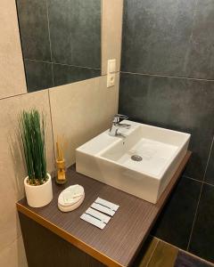 a bathroom with a white sink and a mirror at VIP Apartment Ploscha Rynok in Lviv +24 photos