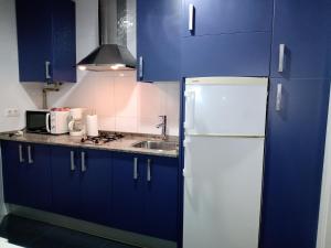 La cuisine est équipée de placards bleus et d'un réfrigérateur blanc. dans l'établissement Apartamento Cantabrico, à Cadix