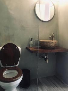 a bathroom with a toilet and a sink and a mirror at Aloni Studios and Apartments in Lassi