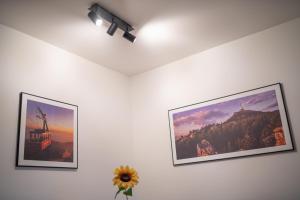 tres fotos colgando en una pared blanca en una habitación en Apartmány pod Ještědem, en Liberec