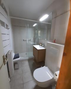 uma casa de banho com um WC, um lavatório e um chuveiro em MARSEILLE CALANQUES em Marselha