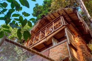 a building with a straw roof with trees in the background at Colibri hostal Minca Santa Marta in Minca