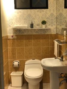 a bathroom with a toilet and a sink at Hotel Las Peñas in Guayaquil