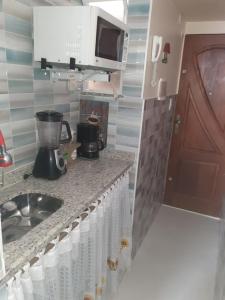 encimera de cocina con fregadero y microondas en Apartamento temporada Santa Teresa, en Río de Janeiro