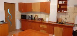 a kitchen with wooden cabinets and a counter top at Pensiunea Agroturistica Ica in Valea Drăganului