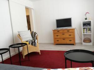 a living room with a tv on a wooden dresser at Ferienwohnung im Haus Böll in Feldberg