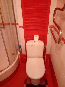 a bathroom with a toilet with red walls and a shower at Квартира рядом з Дрім_тауном , Оболонь (146) in Kyiv