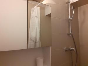 a bathroom with a shower with a mirror and a sink at Appartement Santocha in Capbreton +29 photos