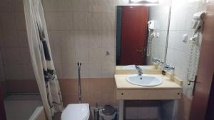uma casa de banho com um lavatório, um WC e um espelho. em Porto Vistonis em Lágos