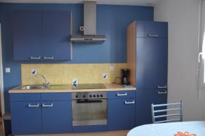 a blue kitchen with a sink and a refrigerator at La Résidence des Fleurs in Lecelles