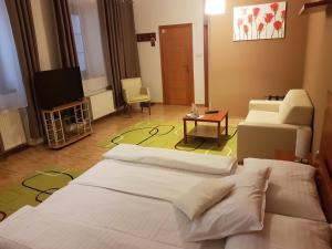 Sala de estar con 2 camas y TV en Alex Pension, en Prešov