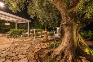 een boom in een tuin met een tafel en stoelen bij TD Casa Torchiano Hilltop Pool with Sea View in Monopoli