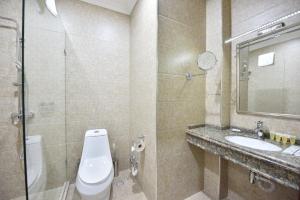 een badkamer met een toilet, een wastafel en een spiegel bij Qushbegi Plaza Hotel in Tasjkent