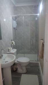 a bathroom with a shower and a toilet and a sink at The Victoria guest house in Mablethorpe
