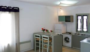 a small kitchen with a sink and a washing machine at Anima Apartments in Chora Folegandros