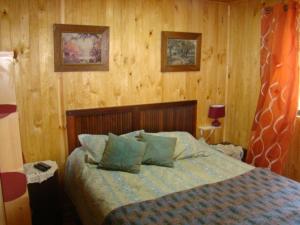 a bedroom with a bed with wood paneled walls at Central 390 Isla Negra in Isla Negra
