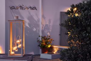 a room with a lantern and some trees and flowers at Anima Apartments in Chora Folegandros