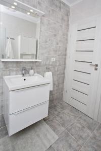ein Badezimmer mit einem weißen Waschbecken und einem Spiegel in der Unterkunft Panoramic Studio Oradea in Oradea