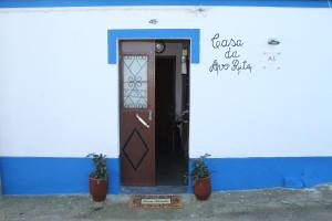 ein blau-weißes Gebäude mit einer Tür und zwei Pflanzen in der Unterkunft Casa da Avó Rita in São Pedro do Corval