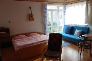 洛西尼的住宿－Apartmány zLosin，一间卧室配有一张床、一张沙发和吉他