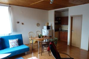 洛西尼的住宿－Apartmány zLosin，客厅配有桌子和蓝色沙发