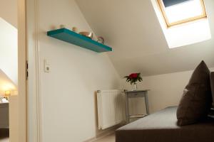 een kamer met een bank en een blauwe plank aan de muur bij Schusterbude in Bad Salzuflen
