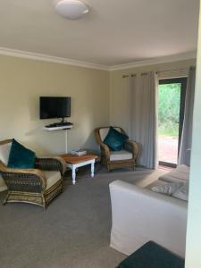 a living room with two chairs and a tv at Little Elm Cottage in Cape Town
