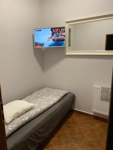 a bedroom with a bed and a flat screen tv on the wall at Piwnica in Miechów