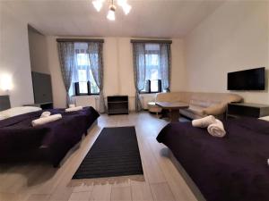 een woonkamer met 3 bedden en een bank bij Hotel Olga in Praag
