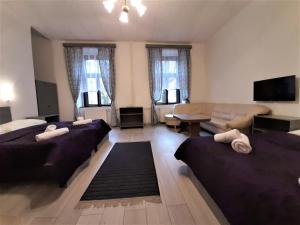 salon z 3 łóżkami i kanapą w obiekcie Hotel Olga w Pradze