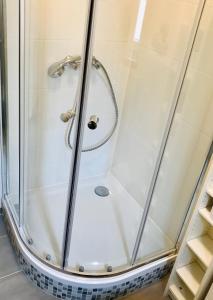 a shower with a glass door in a bathroom at Top renoviertes Apartement in bester Lage von Homburg- 5 Fußminuten zur Uniklinik in Homburg