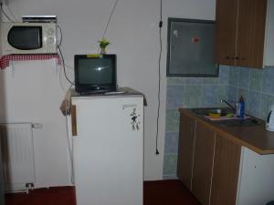 a microwave on top of a refrigerator in a kitchen at Ubytování v soukromí Kouba in Pec pod Sněžkou