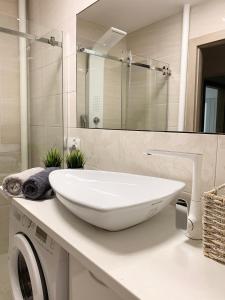 a bathroom with a white sink and a mirror at Apartament Sucharskiego in Toruń