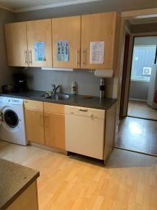 uma cozinha com um lavatório e uma máquina de lavar roupa em Mosjøen Overnatting, Cm havigs gate 18 em Mosjøen