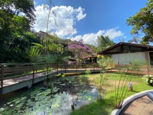 a pond with lily pads in a garden at Pousada Arraial do Ouro in Gaspar