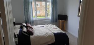 a bedroom with a bed with pillows and a window at Cobblestones in Benington