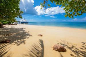 una spiaggia con rocce nella sabbia e nell'oceano di Coco de Mer Hotel and Black Parrot Suites a Grand'Anse Praslin
