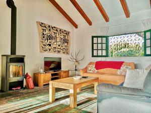 a living room with a couch and a wood stove at Nanou House in La Matanza de Acentejo